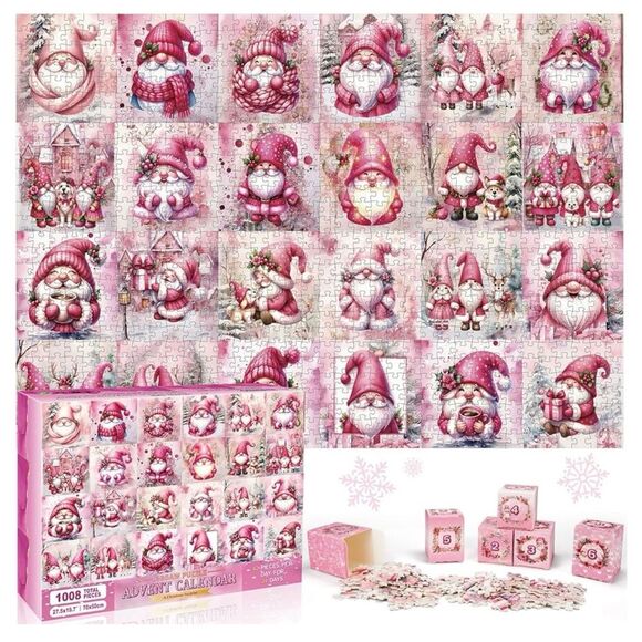 Advent Calendar Jigsaw Puzzle 1008 Pcs Pink Gnomes - Picture 1 of 6